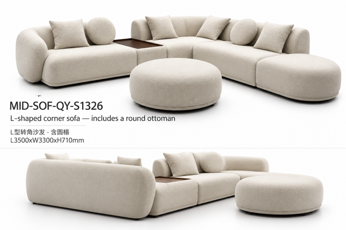 Modern L-Shaped Corner Sofa with Round Ottoman | Curved Modular Sectional, 3500mm | homeion - Image 2
